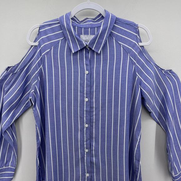 Rails Sadie Ocean Stripe Cold Shoulder Blue White Button Down Shirt - Picture 3 of 9